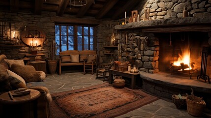 Obraz na płótnie Canvas A rustic cabin interior featuring a stone fireplace and fur rugs.