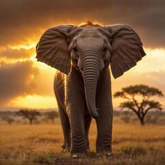 Obraz premium Baby Elephant in savanna at sunset