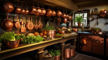A scullery filled with polished copper pans and fresh produce ready for cooking. - obrazy, fototapety, plakaty