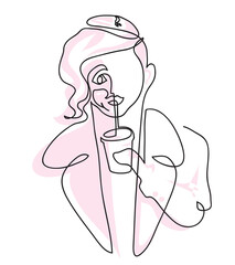 One line drawing of vurly ha,r woman drinking coffee.
One continuous line drawing of drinking coffee in autumn
