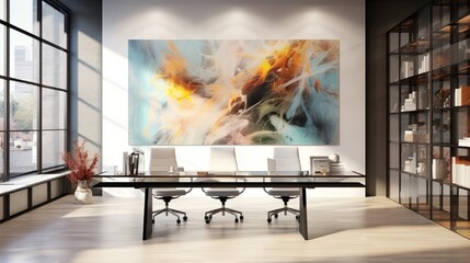 A sleek office space accentuated by a glass desk and abstract wall art.