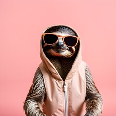 Fototapeta premium Sloth in sunglass shade on a solid uniform background, editorial advertisement, commercial. Creative animal concept. With copy space for your advertisement