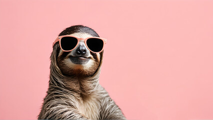 Sloth in sunglass shade on a solid uniform background, editorial advertisement, commercial. Creative animal concept. With copy space for your advertisement
