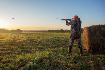 Hunter with shotgun rifle aimng at pheasant.