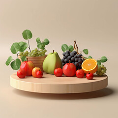 Round wooden podium with colorful fresh fruits and vegetables, minimal studio background for product showcase and healthy lifestyle concept, AI generated.