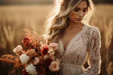 Beautiful Blonde Woman Standing in an Open Field Wearing an Intricate Lace Wedding Dress Holding a Moody Boho Fall Floral Bouquet - obrazy, fototapety, plakaty