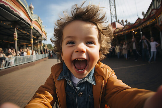 Smiling cute toddler child, boy is making taking selfie photo or video call by smartphone camera, saying hi to friends relatives by mobile phone from playground. Parenting, happy kid concept.