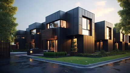 Fototapeta na wymiar Modern minimalist private black house decorated with stone tiles cladding. Residential architecture cubic design exterior