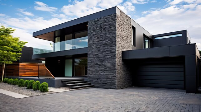 Modern minimalist private black house decorated with stone tiles cladding. Residential architecture cubic design exterior