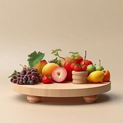 Round wooden podium with colorful fresh fruits and vegetables, minimal studio background for product showcase and healthy lifestyle concept, AI generated.