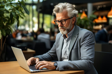 Old people and technology. Mature middle aged senior man in suit with laptop working on computer in cafe. Concentrated businesswoman distance applicant, aged seeker searching job online blogger writer - obrazy, fototapety, plakaty