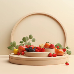 Round wooden podium with colorful fresh fruits and vegetables, minimal studio background for product showcase and healthy lifestyle concept, AI generated.