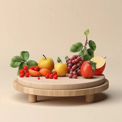 Round wooden podium with colorful fresh fruits and vegetables, minimal studio background for product showcase and healthy lifestyle concept, AI generated.