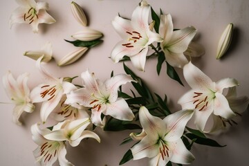 Aesthetic lilies on a plain background, from an aerial perspective. Generative AI