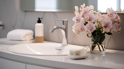 A bathroom counter with a sink, decorated with pretty flowers