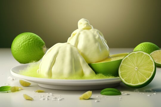 Realistic image of melting lime ice cream with limes. Generative AI
