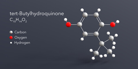 tert-butylhydroquinone molecule 3d rendering, flat molecular structure with chemical formula and atoms color coding