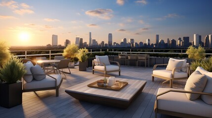 Obraz premium Rise above the ordinary with a rooftop terrace featuring outdoor seating and breathtaking skyline views.
