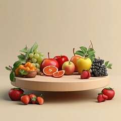 Round wooden podium with colorful fresh fruits and vegetables, minimal studio background for product showcase and healthy lifestyle concept, AI generated.