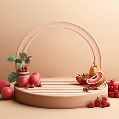 Round wooden podium with colorful fresh fruits and vegetables, minimal studio background for product showcase and healthy lifestyle concept, AI generated.