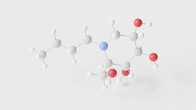 miglustat molecule 3d, molecular structure, ball and stick model, structural chemical formula type i gaucher disease