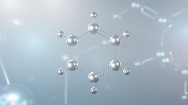 benzene molecular structure, 3d model molecule, aromatic hydrocarbon, structural chemical formula view from a microscope