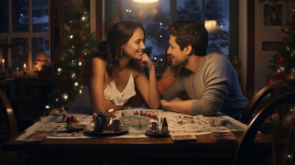 A hyperrealistic man and woman, captured with meticulous precision, engage in board games on a meticulously detailed coffee table, with meticulously recreated festive centerpieces 