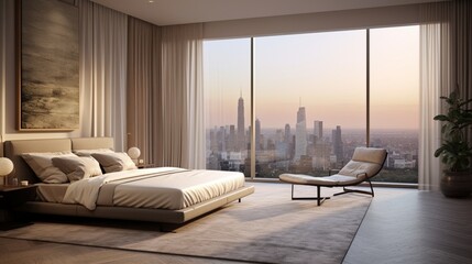 Serene Bedroom Featuring a Panoramic Window and Automated Blackout Shades.