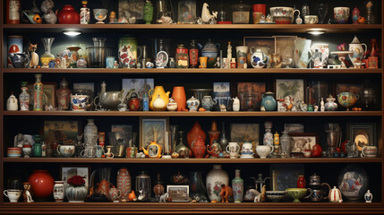 In astounding hyperrealism, a couple admires their collection of vintage New Year's ornaments, meticulously recreated and carefully displayed on a bookshelf in their meticulously d 