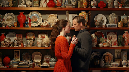 In astounding hyperrealism, a couple admires their collection of vintage New Year's ornaments, meticulously recreated and carefully displayed on a bookshelf in their meticulously d 