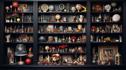 In astounding hyperrealism, a couple admires their collection of vintage New Year's ornaments, meticulously recreated and carefully displayed on a bookshelf in their meticulously d 