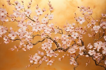 Golden backdrop adorned with delicate plum blossom flowers. Generative AI