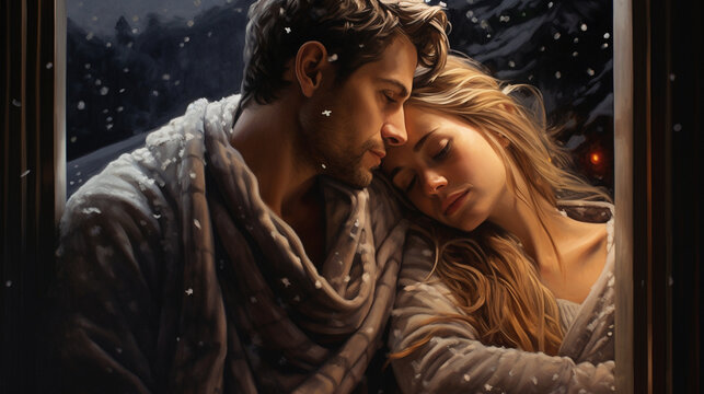 A hyperrealistic man and woman, wrapped in hyperdetailed blankets, gaze out of a window to observe the flawlessly rendered snowfall on a mesmerizing New Year's Eve. 