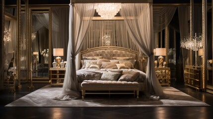 Sleep in opulence in a luxurious bedroom featuring a mirrored canopy bed.