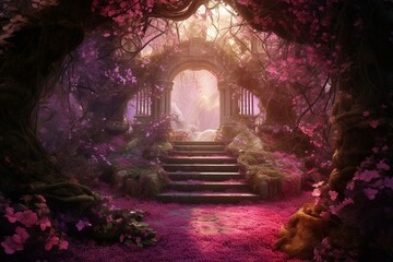 Enchanting passageway adorned with flowers and sparkling entrance in a magical pink forest. Generative AI - obrazy, fototapety, plakaty