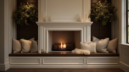 Snuggle up in a cozy fireplace nook with built-in bench seating.