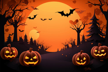 Happy Halloween banner or party invitation background with clouds,bats and pumpkins in paper cut style