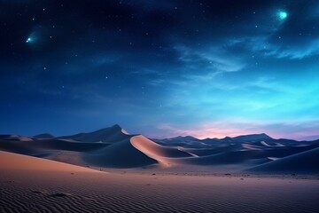 Fototapeta na wymiar Peaceful night landscape, desert sand dunes, modern background, blue gradient starry sky. Generative AI