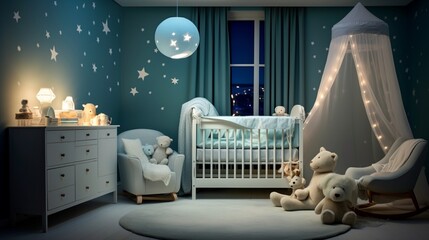 Transform a nursery with a dreamy celestial theme, accentuated by twinkling lights.