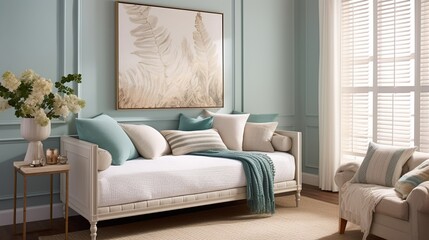 Fototapeta na wymiar Transform your guest room into a tranquil retreat, featuring a daybed and calming hues.