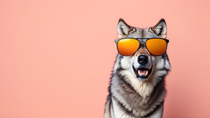 Wolf in sunglass shade on a solid uniform background, editorial advertisement, commercial. Creative animal concept. With copy space for your advertisement