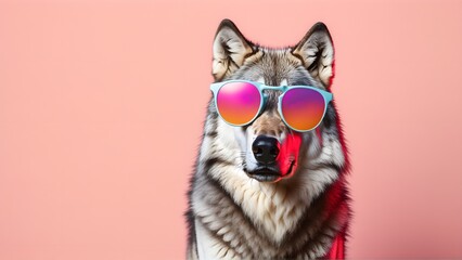Wolf in sunglass shade on a solid uniform background, editorial advertisement, commercial. Creative animal concept. With copy space for your advertisement