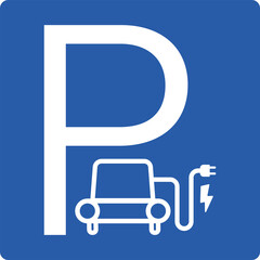 Isolated sticker label design of square charging station for ev car electric mobile parking with illustration car cable and electric plug