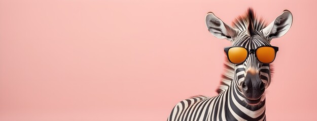 Zebra in sunglass shade on a solid uniform background, editorial advertisement, commercial. Creative animal concept. With copy space for your advertisement