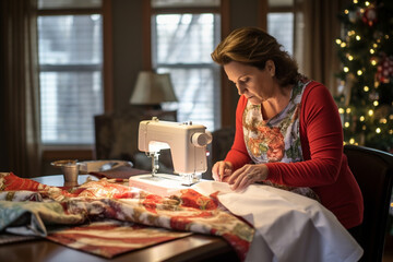 A woman sits by a sewing machine, stitching together a set of festive holiday-themed table linens, destined to adorn many holiday tables. 