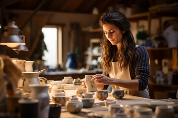 A woman stands in a pottery studio, carefully glazing and firing a set of handcrafted mugs, each unique and destined for a cozy Christmas morning. 