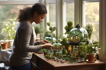 In a sunlit conservatory, a woman assembles a lush, green terrarium filled with miniature holiday figurines as a delightful and unexpected gift. 