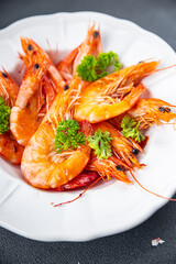 prawn tasty shrimp fried seafood fresh spicy meal food snack on the table copy space food background rustic top view