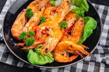 prawn tasty shrimp fried seafood fresh spicy meal food snack on the table copy space food background rustic top view