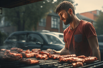 photo of man The man eagerly flipped burgers at the neighborhood barbecue - obrazy, fototapety, plakaty